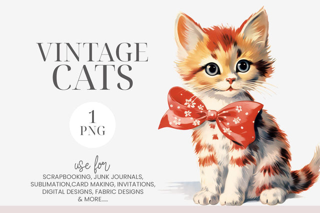 Vintage Tabby Kitten With Big Red Bow Clipart PNG Sublimation BijouBay 