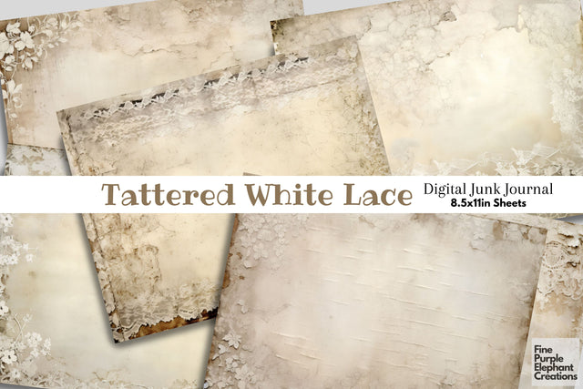 Vintage Tattered White Lace Digital Junk Journal Double Pages Digital Pattern Fine Purple Elephant Creations 