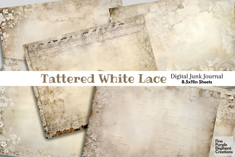 Vintage Tattered White Lace Digital Junk Journal Double Pages Digital Pattern Fine Purple Elephant Creations 