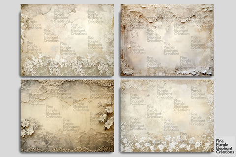 Vintage Tattered White Lace Digital Junk Journal Double Pages Digital Pattern Fine Purple Elephant Creations 