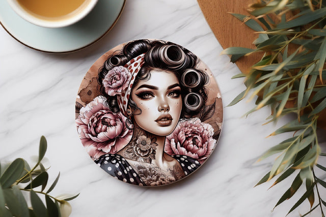 Vintage Tattoo Woman with Floral Art Round Coaster Design Sublimation BijouBay 
