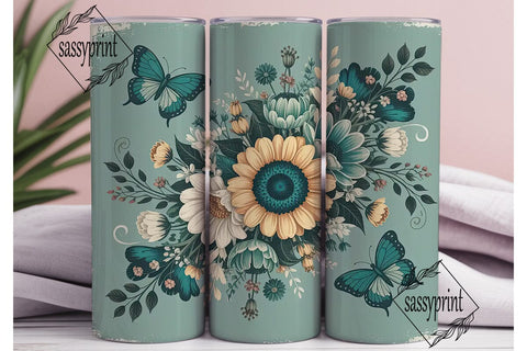 Vintage Teal Sunflower 20oz Tumbler Wrap Sublimation sassyprint 