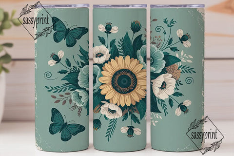 Vintage Teal Sunflower 20oz Tumbler Wrap Sublimation sassyprint 