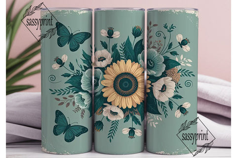 Vintage Teal Sunflower 20oz Tumbler Wrap Sublimation sassyprint 