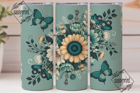 Vintage Teal Sunflower 20oz Tumbler Wrap Sublimation sassyprint 