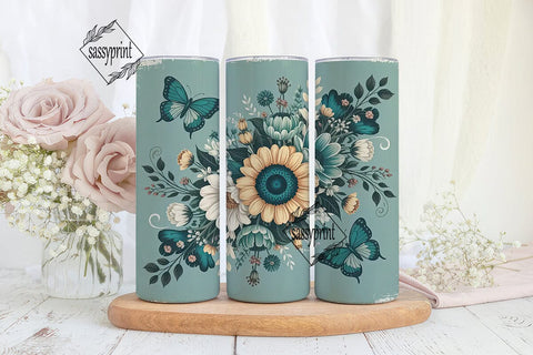Vintage Teal Sunflower 20oz Tumbler Wrap Sublimation sassyprint 