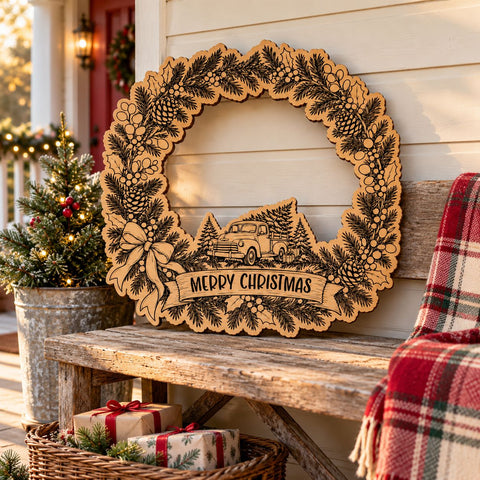 Vintage Truck Christmas Wreath SVG | Merry Christmas Tree Door Hanger Laser Cut File | Farmhouse Wood Sign Glowforge xTool DXF EPS SVG HappyDesignStudio 
