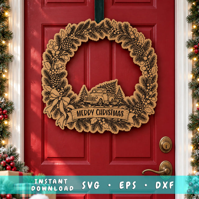 Vintage Truck Christmas Wreath SVG | Merry Christmas Tree Door Hanger Laser Cut File | Farmhouse Wood Sign Glowforge xTool DXF EPS SVG HappyDesignStudio 