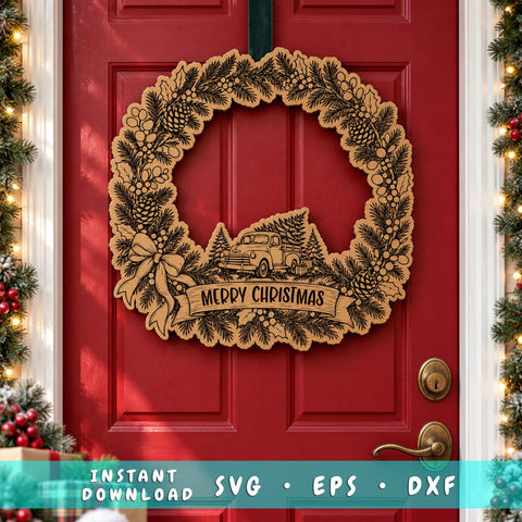 Vintage Truck Christmas Wreath SVG | Merry Christmas Tree Door Hanger Laser Cut File | Farmhouse Wood Sign Glowforge xTool DXF EPS SVG HappyDesignStudio 