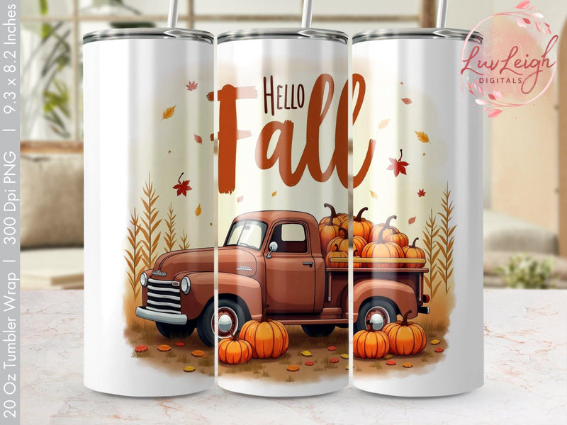 Vintage Truck Hello Fall Tumbler Wrap Sublimation png Sublimation Luvleigh Digitals 
