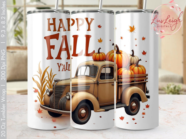 Vintage Truck with Pumpkins Happy Fall Tumbler Wrap Sublimation png Sublimation Luvleigh Digitals 