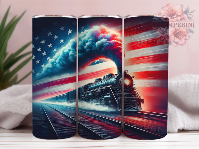 Vintage USA Flag Locomotive Tumbler, USA Flag Train Wrap, 20oz American Flag Tumbler, Red White Blue Train Tumbler, Vintage Train Design, Independence Day Tumbler Sublimation Li Zamperini 