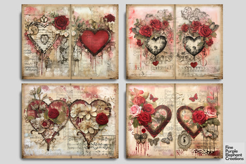 Vintage Valentine Digital Junk Journal Double Pages Digital Pattern Fine Purple Elephant Creations 