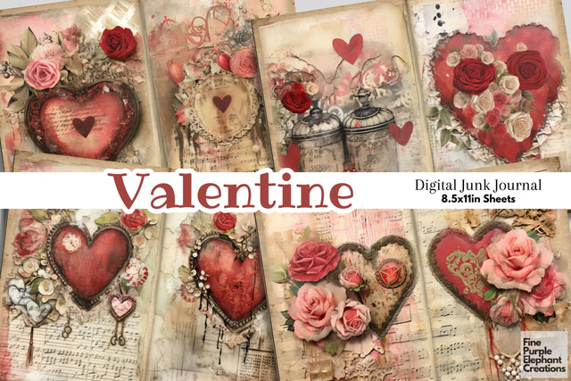 Vintage Valentine Digital Junk Journal Double Pages Digital Pattern Fine Purple Elephant Creations 