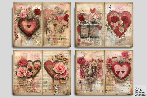 Vintage Valentine Digital Junk Journal Double Pages Digital Pattern Fine Purple Elephant Creations 