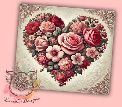 Vintage Valentine Floral 20oz Tumbler, Floral Heart Design, 20oz Wrap, Sublimation Tumbler, Romantic Gift, Love Theme Tumbler, Antique Style Tumbler Sublimation Lara' s Designs 