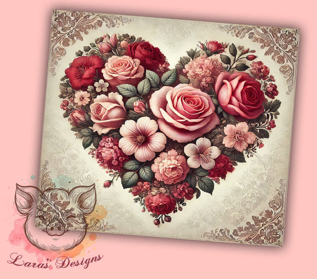 Vintage Valentine Floral 20oz Tumbler, Floral Heart Design, 20oz Wrap, Sublimation Tumbler, Romantic Gift, Love Theme Tumbler, Antique Style Tumbler Sublimation Lara' s Designs 
