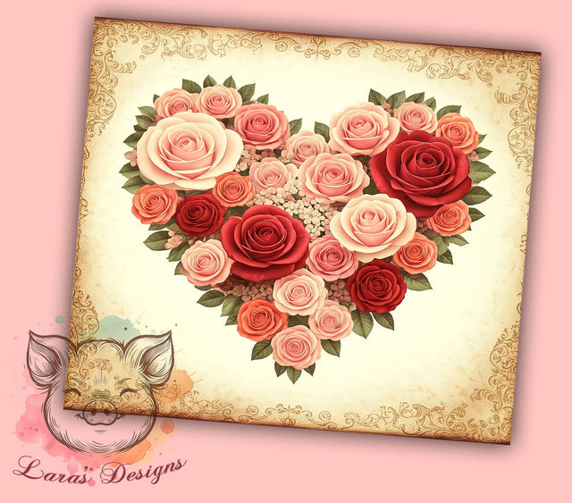 Vintage Valentine Floral 20oz Tumbler, Floral Heart Design, 20oz Wrap, Sublimation Tumbler, Romantic Gift, Love Theme Tumbler, Antique Style Tumbler Sublimation Lara' s Designs 
