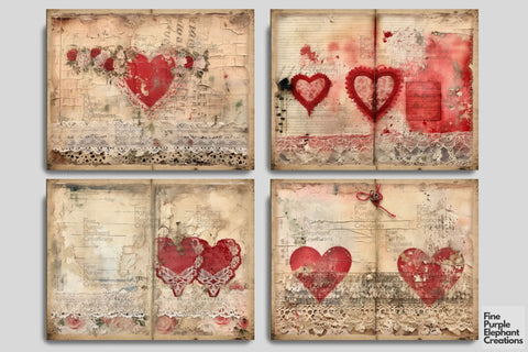 Vintage Valentine Heart Digital Junk Journal Double Pages Digital Pattern Fine Purple Elephant Creations 