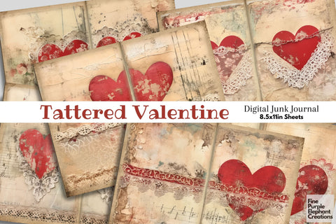 Vintage Valentine Heart Digital Junk Journal Double Pages Digital Pattern Fine Purple Elephant Creations 