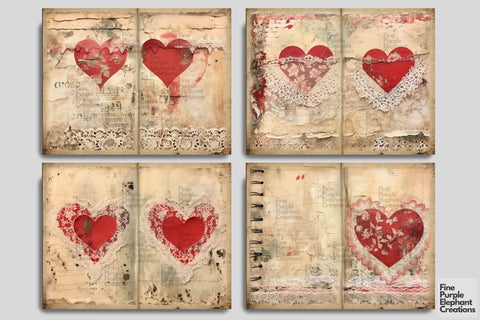 Vintage Valentine Heart Digital Junk Journal Double Pages Digital Pattern Fine Purple Elephant Creations 