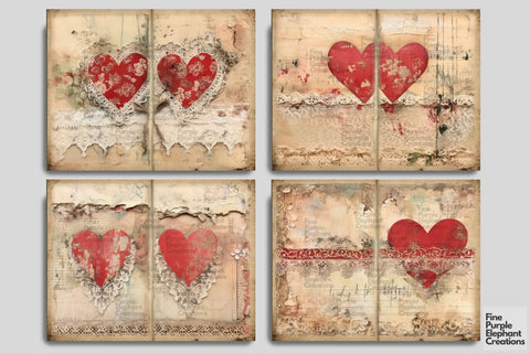 Vintage Valentine Heart Digital Junk Journal Double Pages Digital Pattern Fine Purple Elephant Creations 