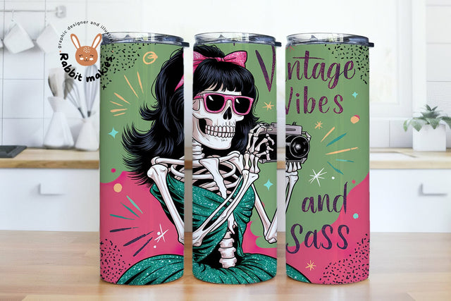 Vintage Vibes and Sass Retro Skeleton 20oz Skinny Tumbler Png, Snarky Skeleton Sublimation Design Sublimation Rabbitmakies 