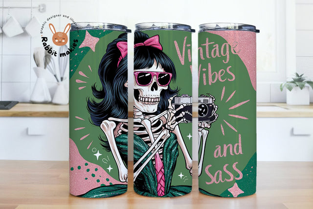 Vintage Vibes and Sass Retro Skeleton 20oz Skinny Tumbler Png, Snarky Skeleton Sublimation Design Sublimation Rabbitmakies 