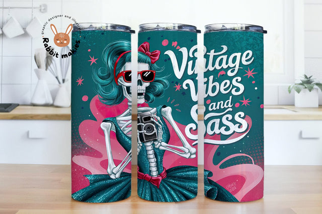 Vintage Vibes and Sass Retro Skeleton 20oz Skinny Tumbler Png, Snarky Skeleton Sublimation Design Sublimation Rabbitmakies 