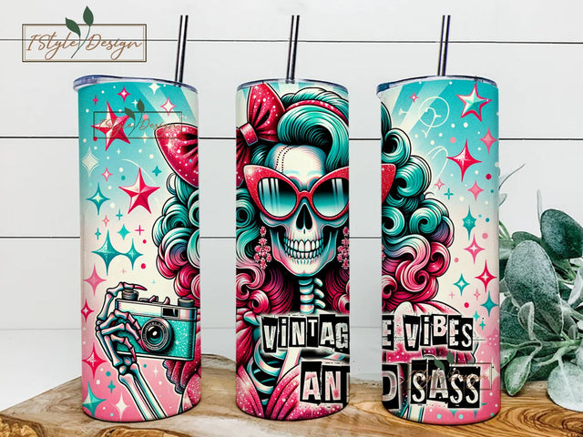 Vintage Vibes and Sass Tumbler PNG, Skeleton Tumbler Design, Instant Download, Vibes and Sass Sublimation Design Sublimation iStyleDesign 