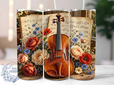 Vintage Violin Floral Sheet Music 20oz Tumbler, Vintage Violin Motif, Floral Design, Sheet Music Theme, Classical Charm, Artistic Accent, Sublimation Wrap, 20oz Tumbler Sublimation ToriDesigns 