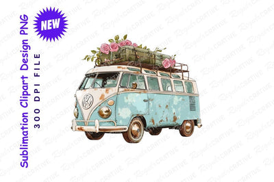 Vintage Volkswagen Bus With Luggage And Roses Romantic Travel Destination Illustration Sublimation Regulrcrative 