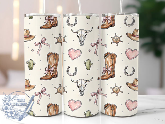 Vintage Western Boots & Bows 20oz Tumbler, Vintage Western Motif, Boots And Bows Design, Country Theme, Rustic Accent, Feminine Charm, Sublimation Wrap, 20oz Tumbler Sublimation ToriDesigns 