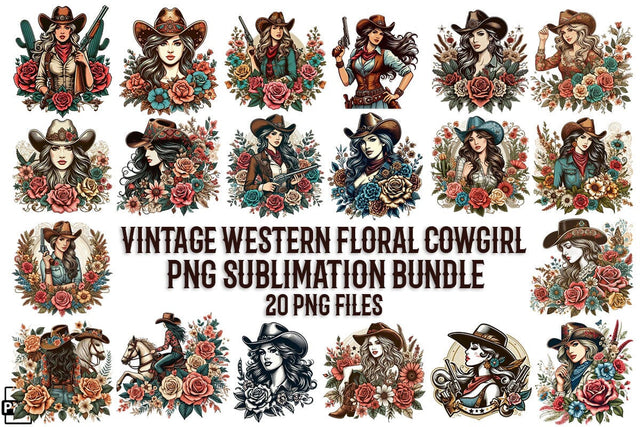 Vintage Western Floral Cowgirl PNG Bundle Printable File Sublimation Creativedesigntee 
