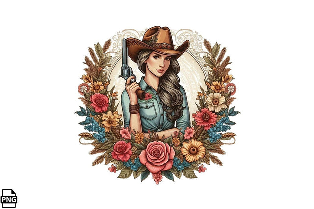 Vintage Western Floral Cowgirl PNG Printable File Sublimation Creativedesigntee 