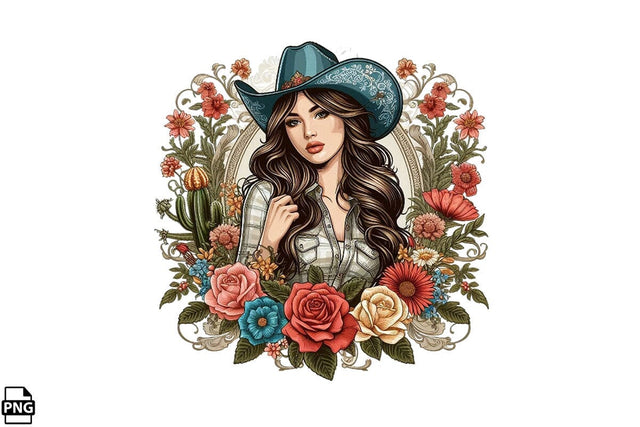 Vintage Western Floral Cowgirl PNG Printable File Sublimation Creativedesigntee 