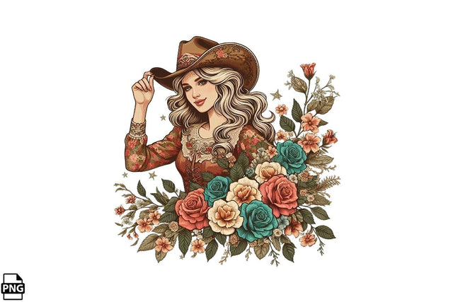 Vintage Western Floral Cowgirl PNG Printable File Sublimation Creativedesigntee 