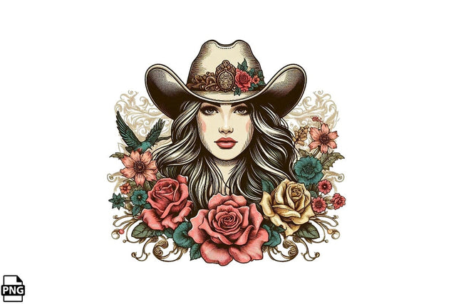Vintage Western Floral Cowgirl PNG Printable File Sublimation Creativedesigntee 