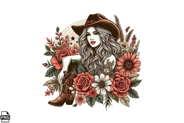 Vintage Western Floral Cowgirl PNG Printable File Sublimation Creativedesigntee 
