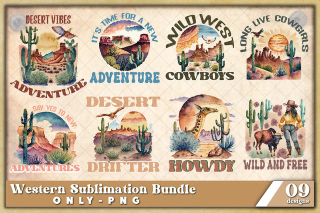 Vintage Western PNG Digital Download Bundle for Sublimation, Set of 9 Vintage Western PNG Files for Print On Demand, Mid-century Clipart Sublimation Jagonath Roy 