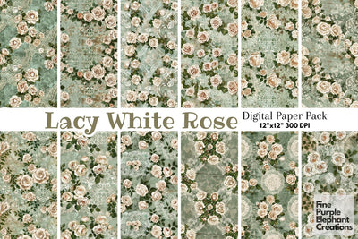 Vintage White Rose Lace Digital Paper | Delicate Romantic Sublimation Digital Pattern Fine Purple Elephant Creations 