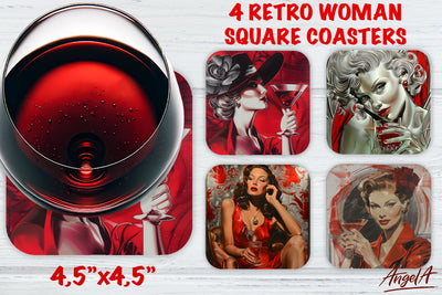 Vintage Wine square coaster pin up girl retro Sublimation Angelina Semenova 