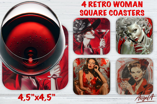 Vintage Wine square coaster pin up girl retro Sublimation Angelina Semenova 