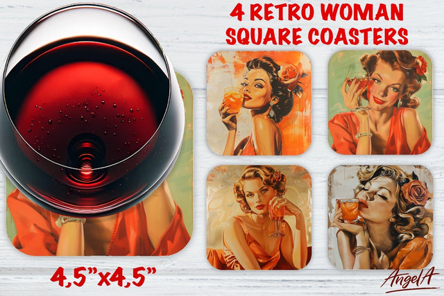 Vintage Wine square coaster pin up girl Sublimation Angelina Semenova 