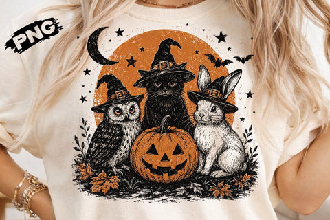 Vintage Witch Cat Owl Bunny Halloween PNG SVG DesignDestine 