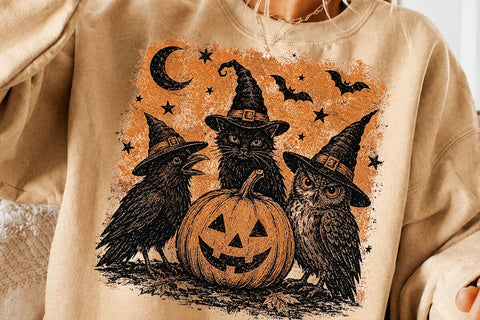 Vintage Witch Cat Owl Crow Halloween PNG SVG DesignDestine 