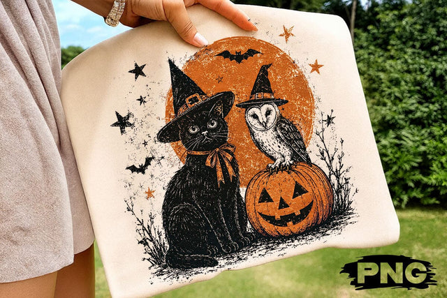 Vintage Witch Cat Owl Halloween PNG File SVG DesignDestine 