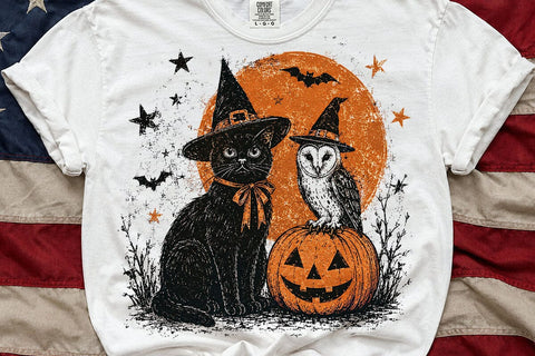 Vintage Witch Cat Owl Halloween PNG File SVG DesignDestine 