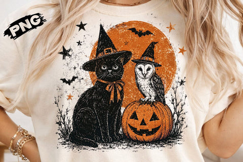 Vintage Witch Cat Owl Halloween PNG File SVG DesignDestine 