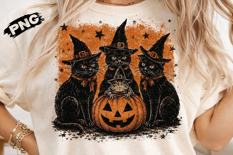Vintage Witch Cats Frog Halloween PNG SVG DesignDestine 